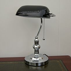 Chroom Engelse bankierslamp met kap en trekkord van groen 