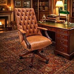 Fauteuil de bureau pivotant en acajou avec cuir cognac aniline