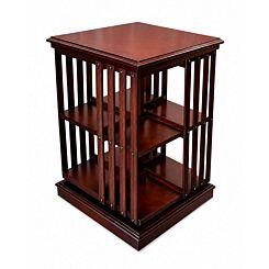 Handcrafted revolving mahogany bookcase with square top and open shelving, shown on a white background.