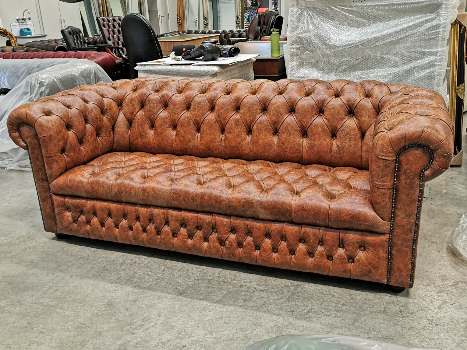 English 3 seat Chesterfield fully buttoned vintage leather