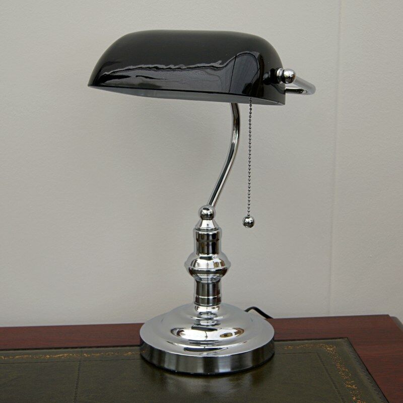 Banker s lamp chrome black shade with pull switch English Decorations