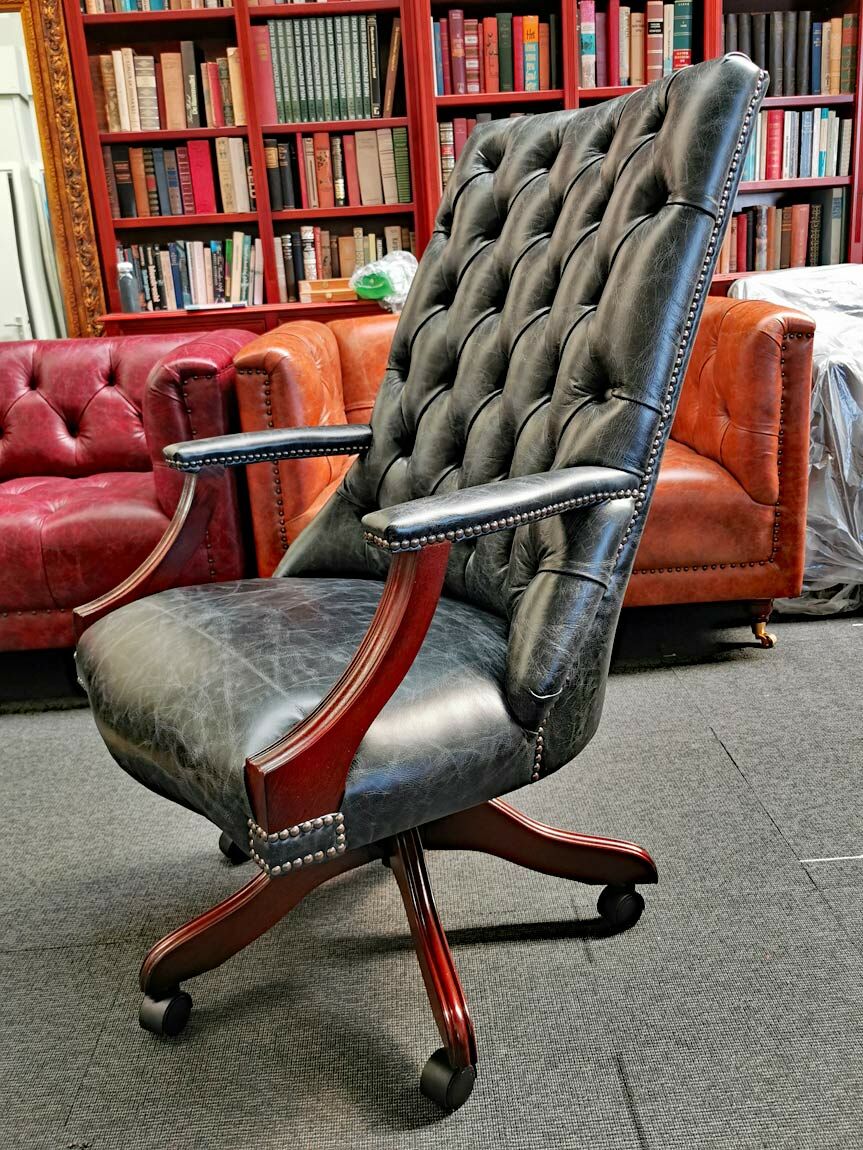 Library swivel chair vintage black leather English Decorations