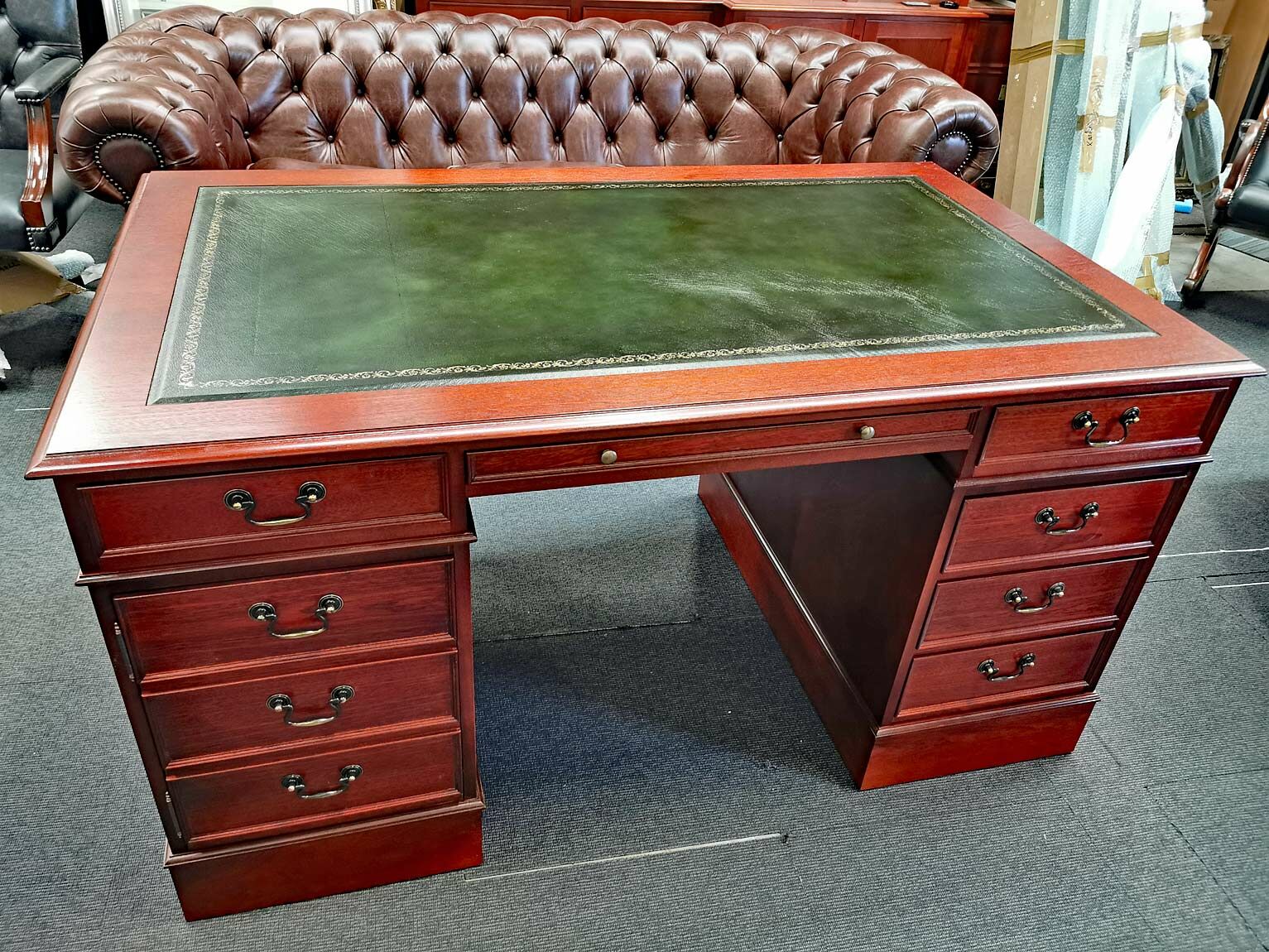 90 x 150 cm mahogany desk half drawer green leather English Decorations