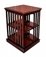 Handcrafted revolving mahogany bookcase with square top and open shelving, shown on a white background.