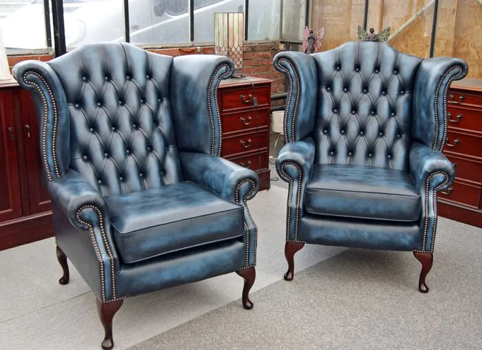 etnisch Bedenken Helderheid 2 x Chesterfield Scroll Wing chairs antique blue leather, English  Decorations