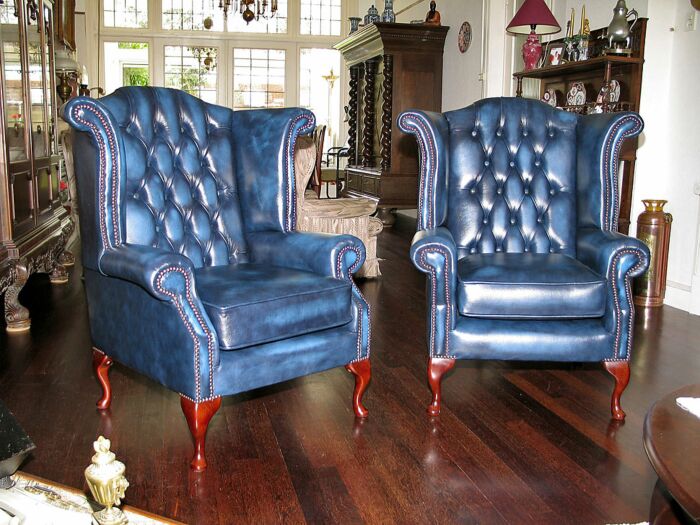Chesterfield Wing chairs antique blue leather