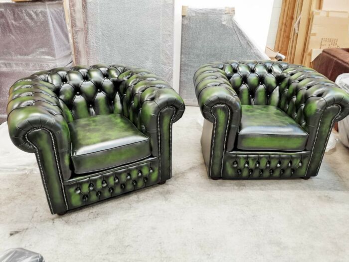set of 2 Chesterfield low chairs in antique green