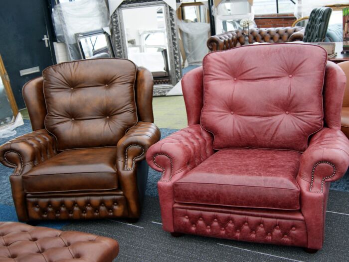 Standard Suzanne chair next to oversized Chesterfield chair