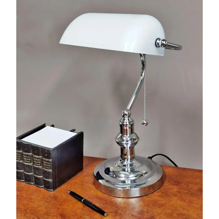 Bankers lamp chrome white frosted glass, English Decorations