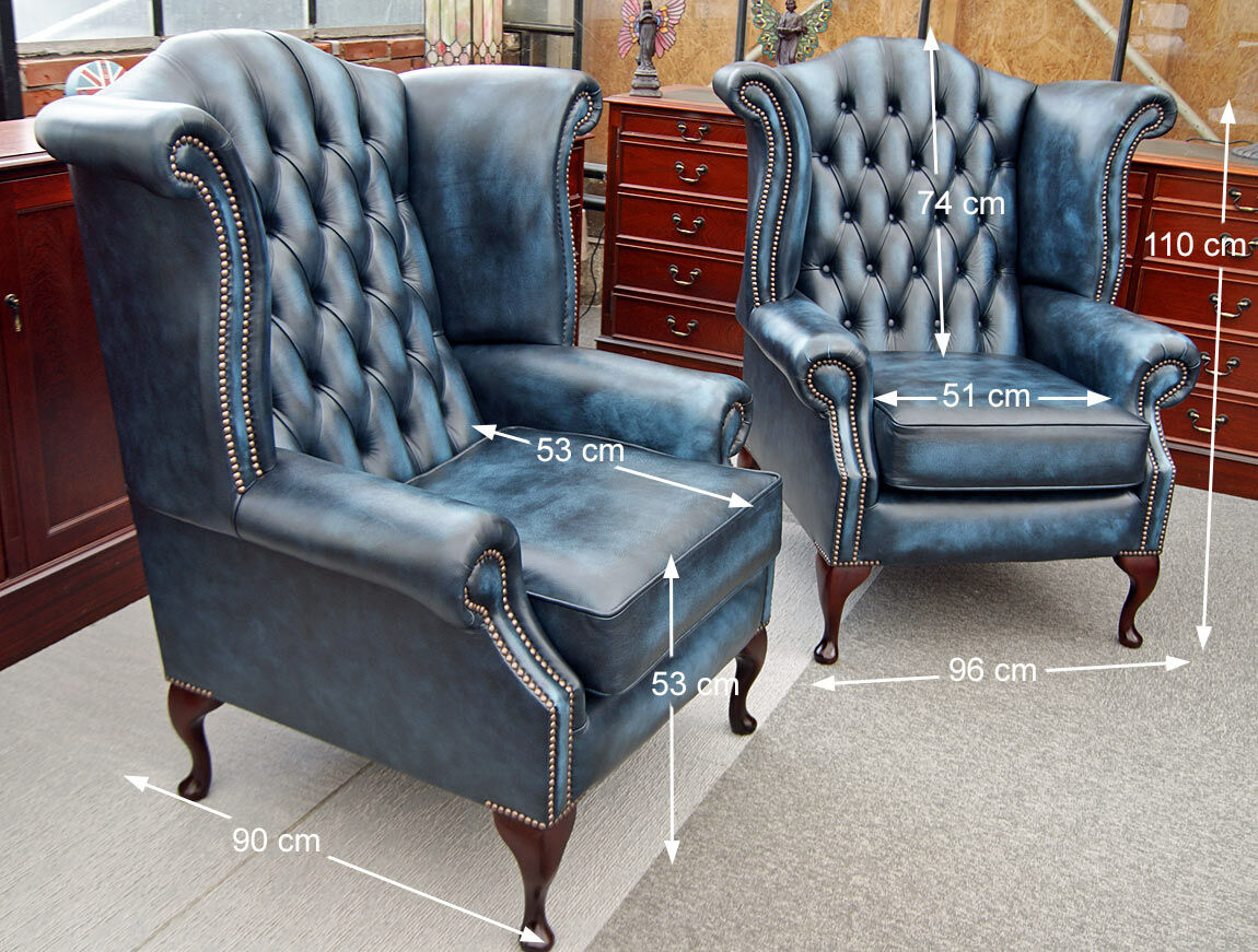 etnisch Bedenken Helderheid 2 x Chesterfield Scroll Wing chairs antique blue leather, English  Decorations