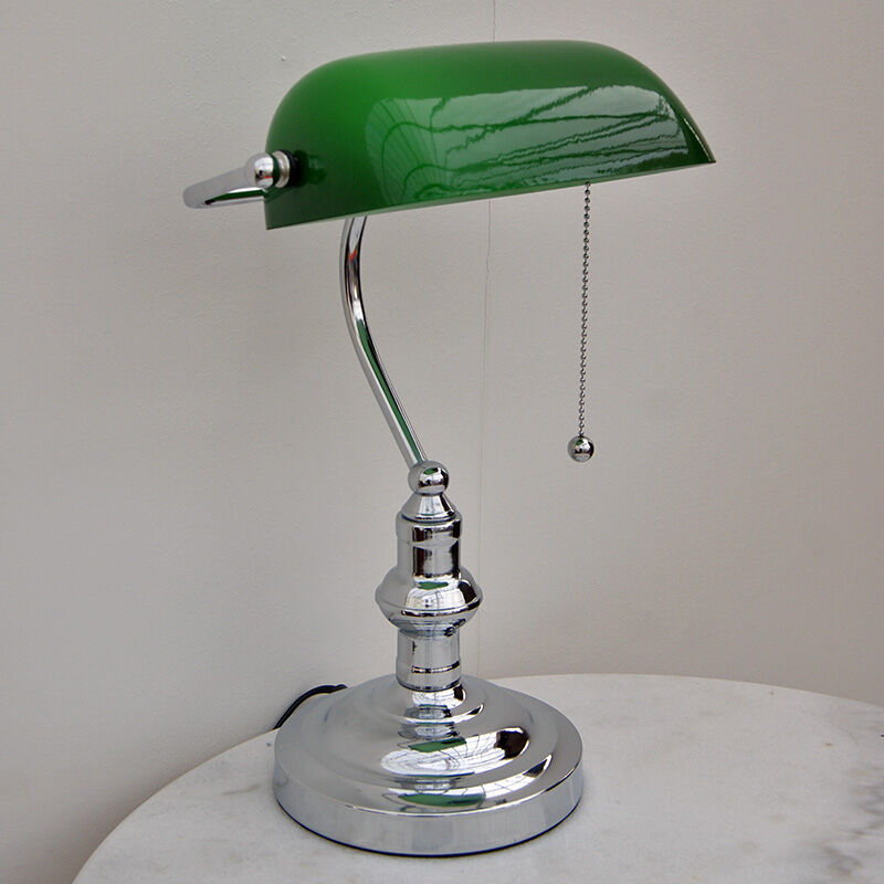 Banker's lamp chrome green shade with pull switch, English Decorations