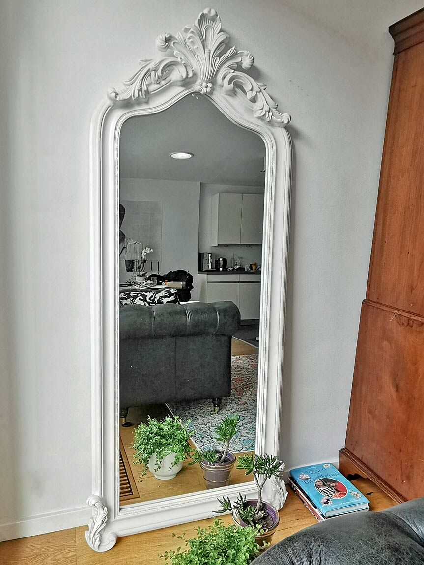Large white Crested Louis Philippe mirror in two sizes
