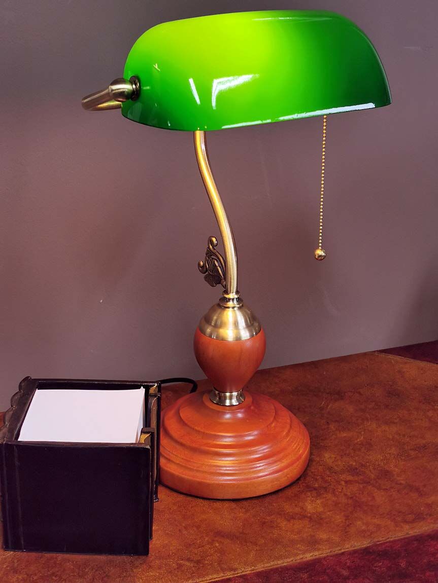 Lampe de bureau banquier pied laiton verte 