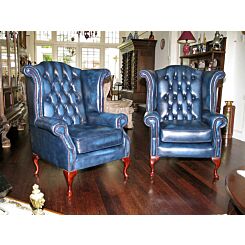 Chesterfield Wing chairs antique blue leather