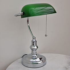Lampe de banquier chrome abat-jour vert chainette interrupteur
