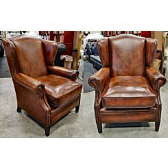 2 x Chesterfield Wing chairs in antique tan leather