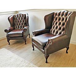2 x Queen Anne Chesterfield Classic Chairs antique brown