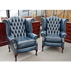 2 x Chesterfield Scroll Wing chairs antique blue leather