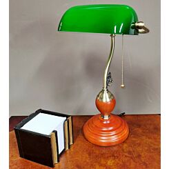 Brass bankers Lamp green glass and wooden base
