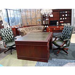 Mahogany Partners desk & 2 desk chairs in green leather