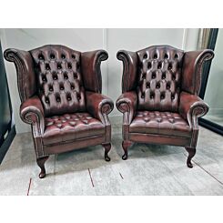 Set of 2 Chesterfield Scroll Wing chairs antique brown