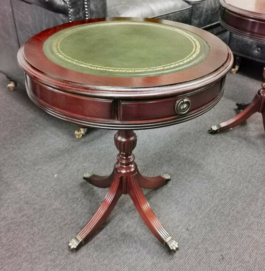 Green leather mahogany drum table
