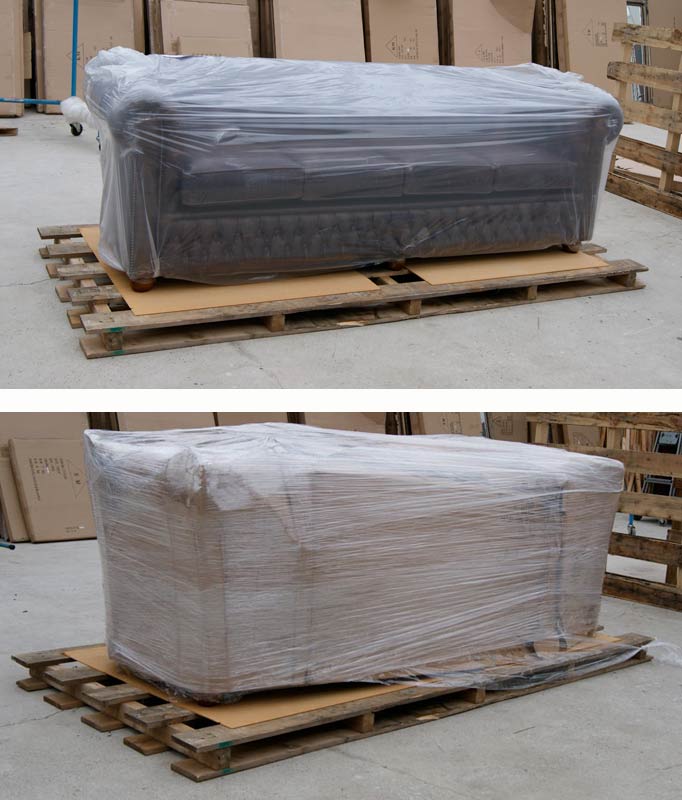 Chesterfield-Sofa verpackt auf einer langen Palette