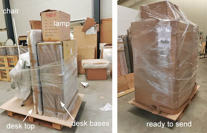 Schreibtisch, Stuhl und Lampe verpackt und versandfertig