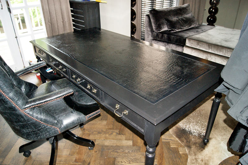 Special order black writing table with alligator leather and matching chair