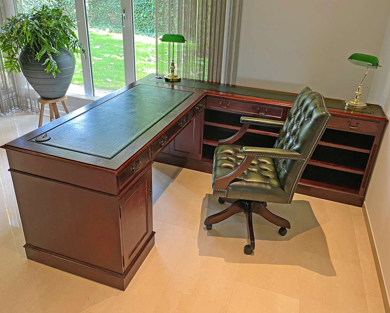 mahogany corner desk and Gainsborough swivel chair